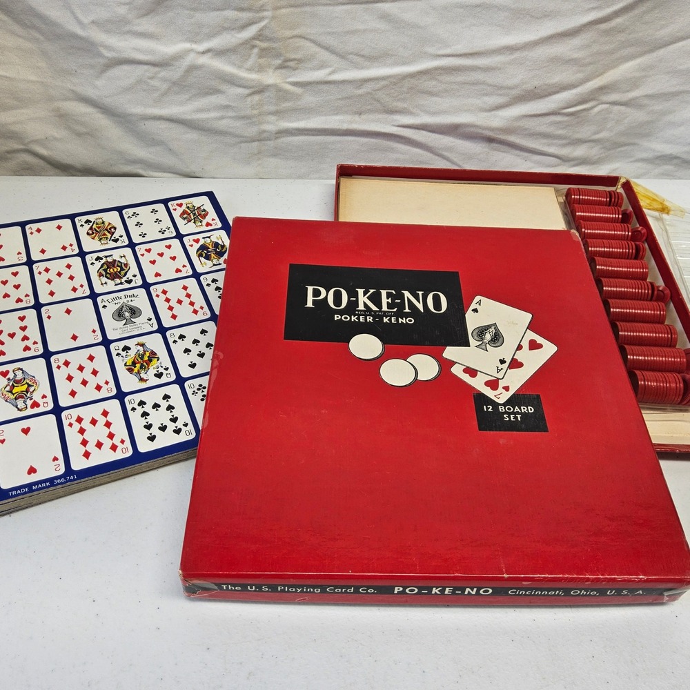 US Playing Card Co Po-Ke-No Poker-Keno Vintage Board Game 12 Board Set Red Chips